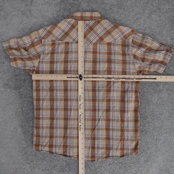 Luciano Baroni Shirt Men Large Brown Plaid Pearl Snap Short Sleeve Cotton Casual - Picture 6 of 8